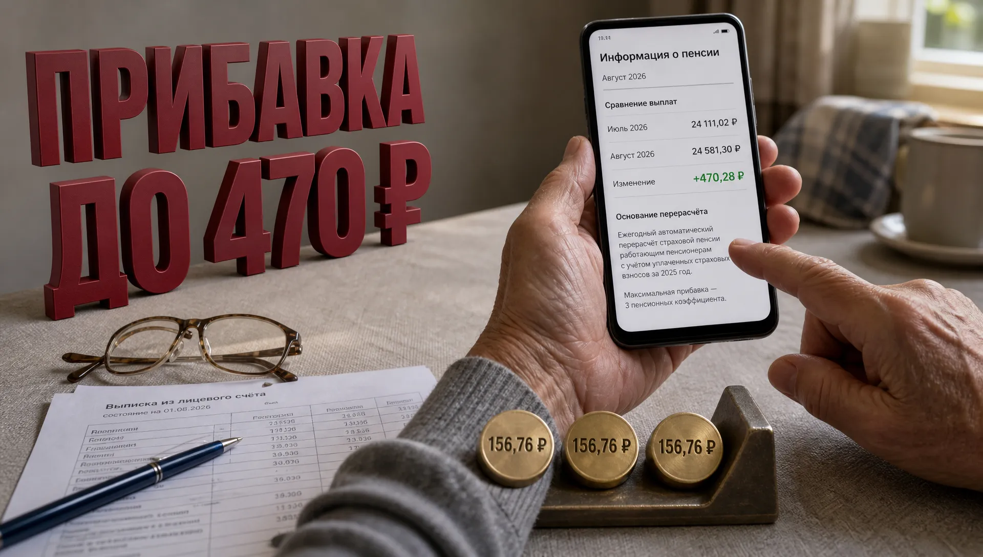 Перерасчёт пенсии с 1 августа 2026: прибавка до 470 ₽